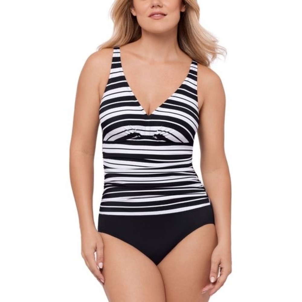 Swim Solutions Women Black White Striped Ruched V-Neck One-Piece Swimsuit NWT 8 - Picture 1 of 14